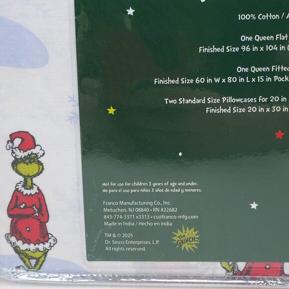 Dr. Seuss The Grinch Christmas Queen Sheet Set 100% Cotton by Franco - Picture 8 of 10